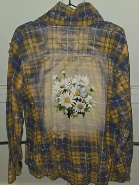 Yellow & Navy bleached Flannel Button-Down Shirt with Daisy Back Graphic